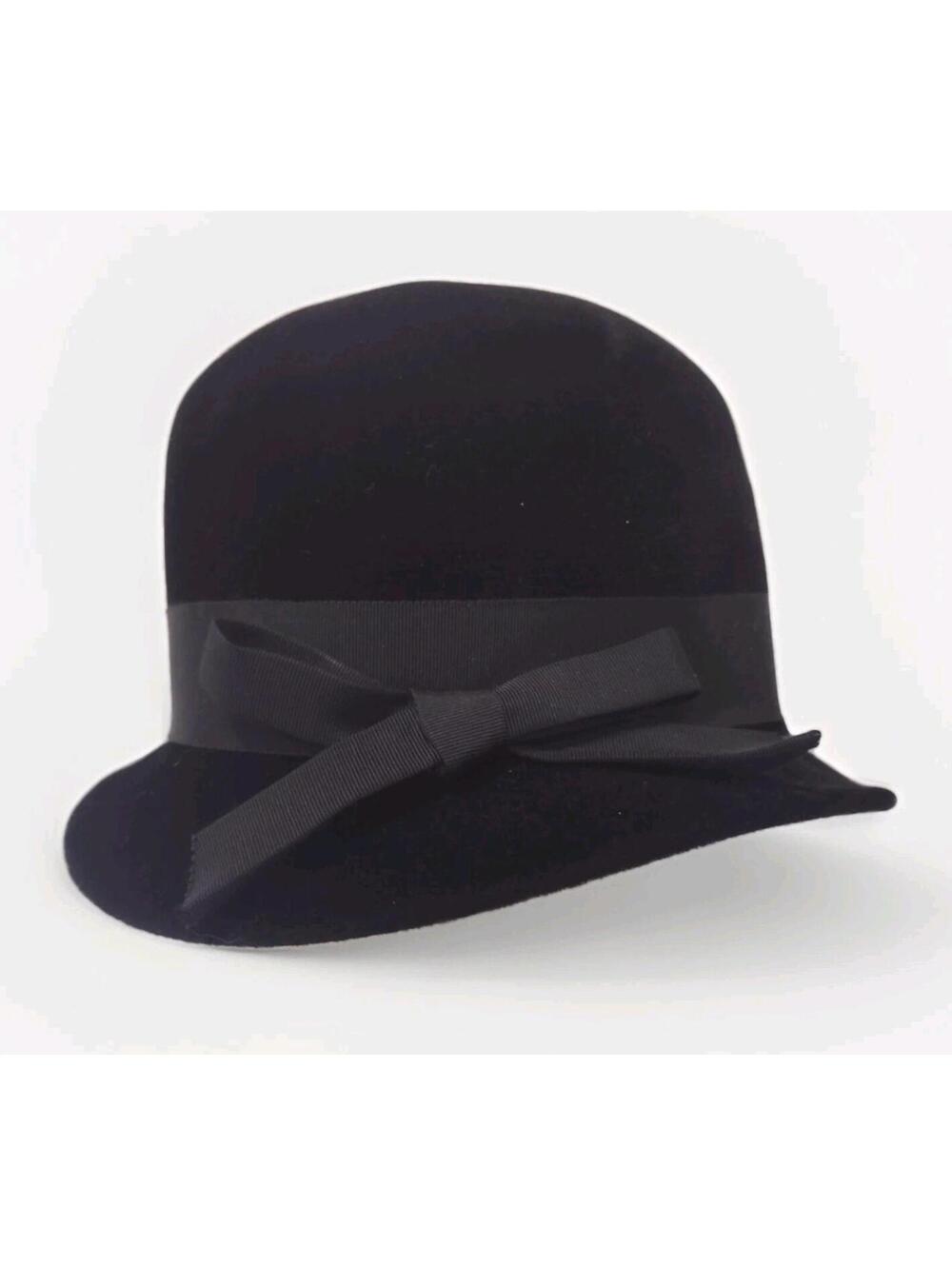 50s Merrimac Peachbloom Velour Black Hat Wired Brim Bow 22